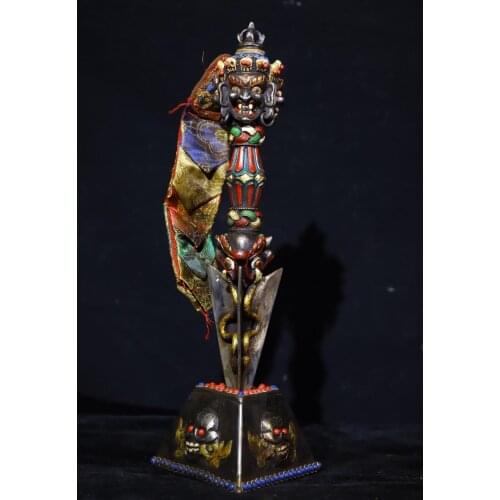 13" Tibet Buddhism Temple Old Tiantie Tracing mosaic gem 3-faced Mahakala head statue Vajra Phurba Dagger Holder Skull statue