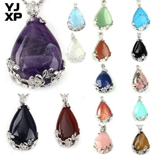 YJXP Silver Plated Leaf Flower Amethysts Rock Crystal Rose Quartzs Water Drop-Shaped Beads Clasp Pendant Reiki Fashion Jewelry