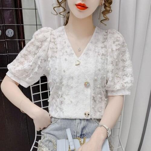 Women Blouses Summer 2021 New Fairy hubble-bubble Sleeve v-neck Heavy Lace short-sleeved Shirts Harajuku Female New SZH937043