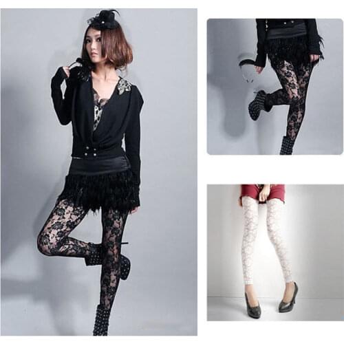 Pure Black White See Through 2017 Fitness Leggings Transparent Sexy Leggings For Women Sexiest Lace Floral Leggings One Size