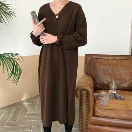 Women Sweater Knitted Dress Plus Size Loose Bat Sleeve Long Knitwear Ladies V-neck 2021 Spring Clothes Pullover Vestidos Mujer