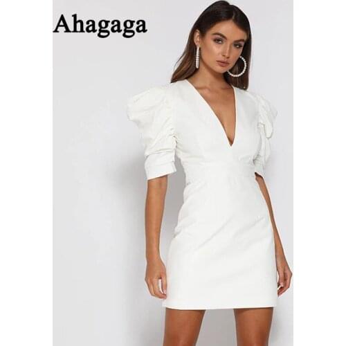 2020 Mini Dress Women Fashion Short Puff Sleeve A-line V-neck Hollow Out Bodycon High Waist Women Party Dresses Female Vestidos