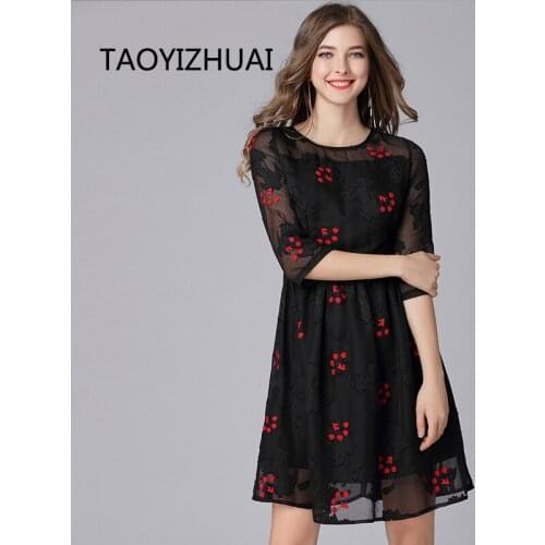 TAOYIZHUAI Women Dress High Street Plum Blossom Embroidery Lace Up Knee Length Large Size Fit And Flare Balck4 Dress 16171