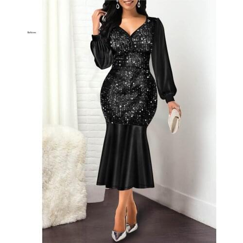 Woman Dress Vintage Sexy V Neck Sequines Long Party Dress Plus Size High Waist Slim Mermaid Dresses 5Xl New Spring