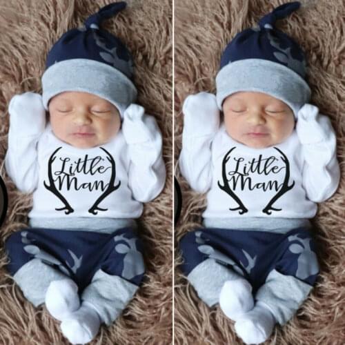 Baby Spring Autumn Clothing Newborn Baby Boy Long Sleeve Little Man Long Sleeve Romper Deer Leggings Hat 3Pcs Clothes Set