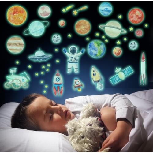 4pcs/set Glow in The Dark Stars Planets Astronaut Solar System Space Wall Stickers Sun Earth Decals for Bedroom Living Room