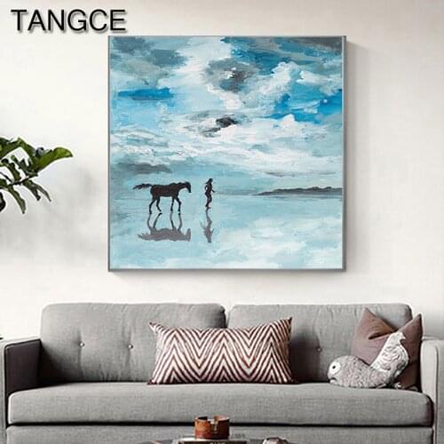 Abstract Horse By Blue Sea Sky Canvas Art Modern Landscape Prints Blue Posters Big Size Wall Art for Living Room Cuadro Tableaux