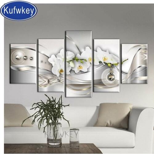 White Flowers diamond painting 5pcs cross stitch set diamond embroidery full square round drill mosaic diamond orchid home art