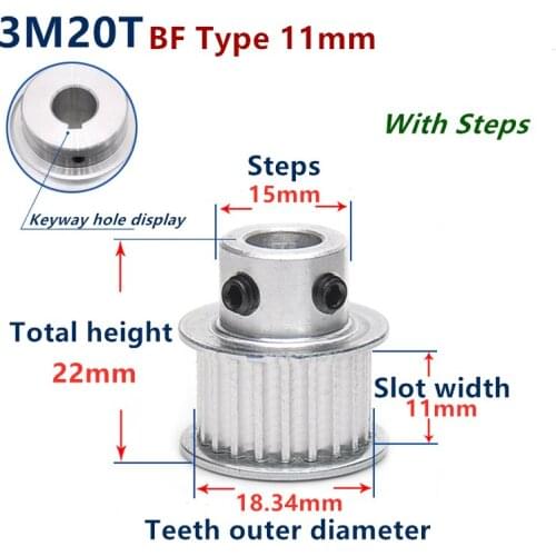 Free Shipping 20Teeth HTD 3M Synchronous Pulley 3m timing pulley BF type Big hub Width 11mm 20T 3M timing belt HTD3M Pulley gear