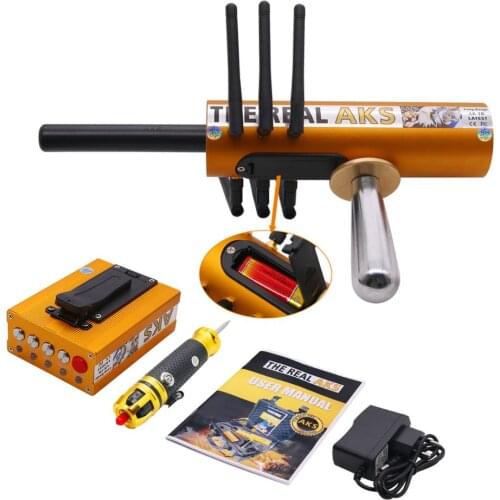 The Real AKS Long Range Golden Gold Detector with 6 Antennas Plastic Case for Gold Silver + Filter