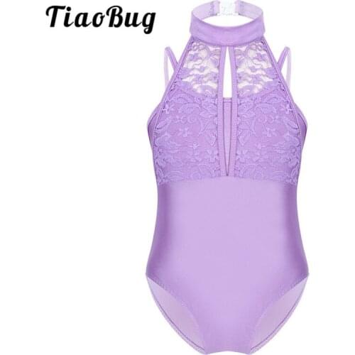 TiaoBug Kids Spaghetti Straps Turtle Neck Lace Overlay Bodice Children Gymnastics Leotards for Girls Tutu Ballet Dance Costume