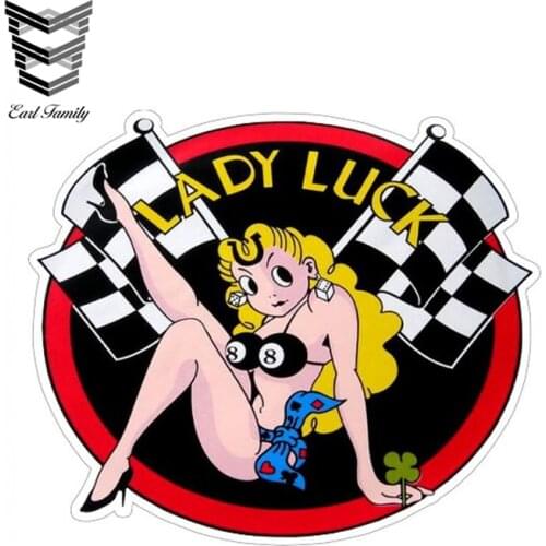 EARLFAMILY 13cm X 11cm Lady Luck Flags Stickers Car Styling Vinyl Decals Graphic Decor Window Bumper Car Stickers