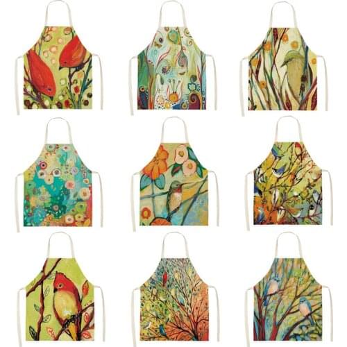 1Pcs Color Forest bird Pattern Cleaning Art Aprons Home Cooking Kitchen Apron Cook Wear Cotton Linen Adult Bibs 53*65cm WQ0147