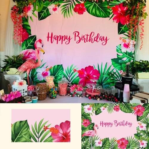 Flamingo Backdrop Summer Birthday Party Decoration Tropical Leaves Pink Flower Photo Background Girls Birthday Party Banner