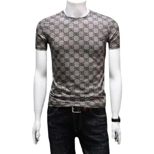 2021 New European Mens Silky Short Sleeve T-shirt Big Size Fashion Printed Mercerized Cotton Ice Silk Tops Bottoming Shirt Men