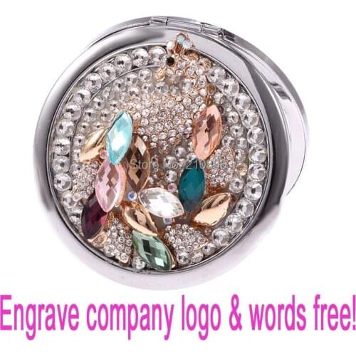 Engrave logo words free,wedding christmas party gift,crystal peacock,beauty pocket mirror,stainless steel,makeup compact mirror