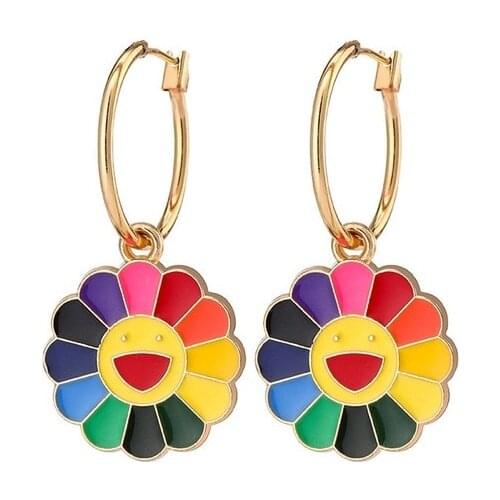 Cute Cartoon Daisy Dangle Earrings Round Smiley Face Flower Oil Dropping Metal Hoops Earrings Geometric Colorful Female Jewelry
