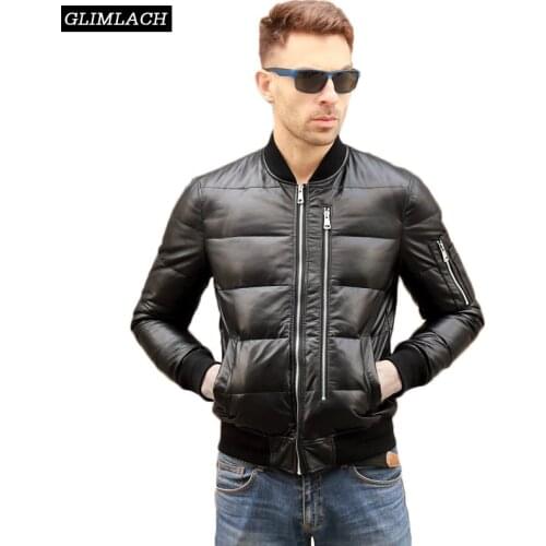 Men Winter Warm Genuine Leather White Duck Down Jackets Flight Coats Large Size Real Leather Sheepskin Bomber Jackets Aviation