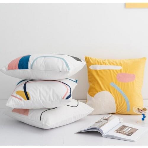 Soft Cushion Cover White Pillow Cover Abstract Block Embroidery 45x45cm/35x50cm Yellow Corduroy Home Decoration For Living Room
