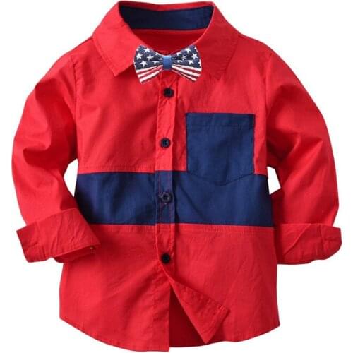 Boys Girls Clothes 2-10Y Spring Autumn Long Sleeve Contrast Color Shirts with Bowtie Fashion Cotton Underwear INS New Shirts