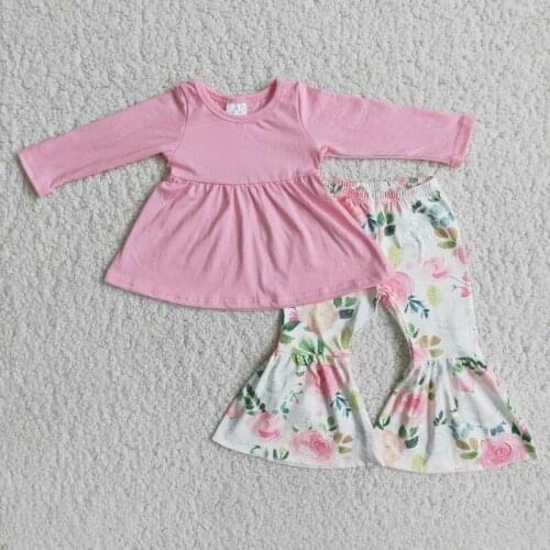 Wholesale Baby Girl Boutique Outfit Long Sleeve Pink Solid Color Shirt Flower Bell-bottomed Pants Set Kids Fashionable Clothes