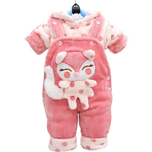 Winter Autumn Cartoon Thicken Long Sleeve+Suspender Trousers 0-2 Years Baby Infant Girls 2 Pieces Childrens Clothes Cute