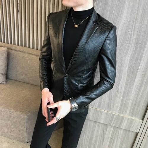 Single buckle PU leather pure black slim suit jacket fashion mens business casual leather jacket dance party mens Korean blazer