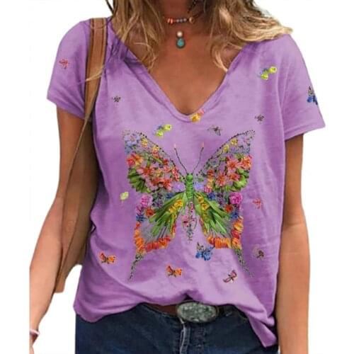 Hot Women T-Shirt Butterfly Geometric Printing Decorative Comfortable V-Neck Collar Short Sleeve T Shirt Casual T-Shirt