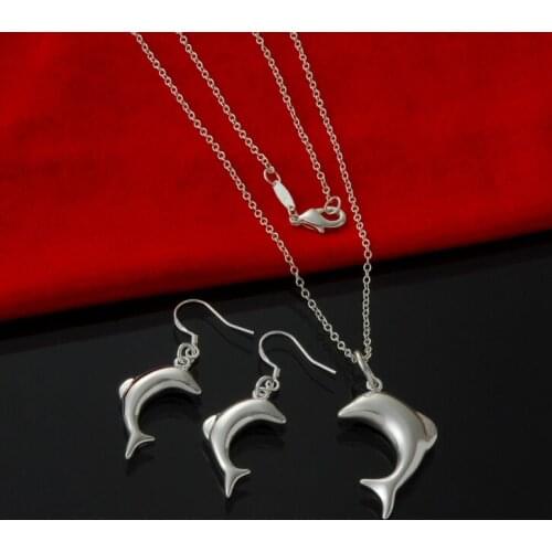 Silver charms jewelry, Silver jewelry,silver Dolphin necklace + earrings jewelry set