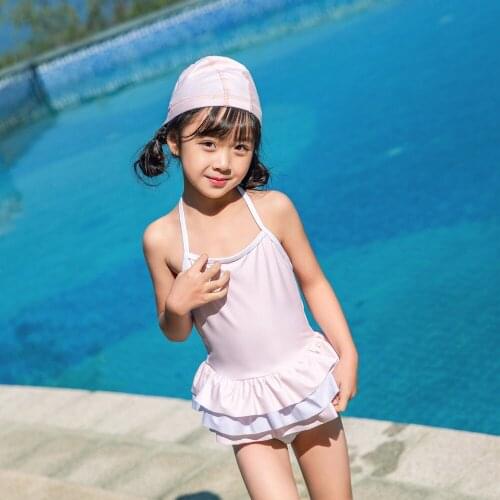 Girls' Flounce Skirt One Piece Swimsuit Halter Backless Skirted Swimdress Bathing Suit with Swim Cap Beachwear