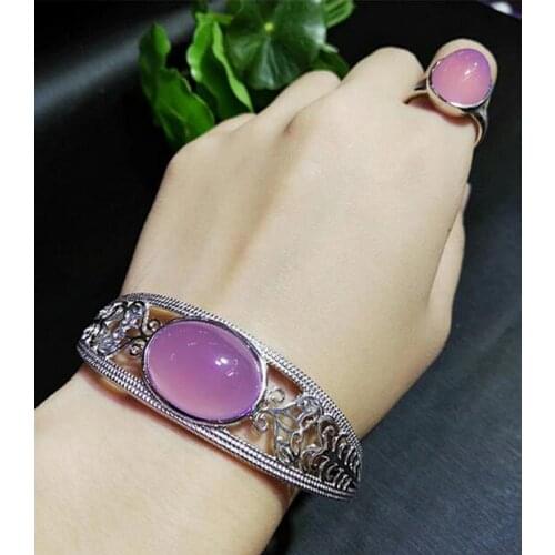 Fine Jewelry Natural Agate Chalcedony Inlay 925 Silver Bangle Bracelet Topaz Ring Jewelry Free Shipping