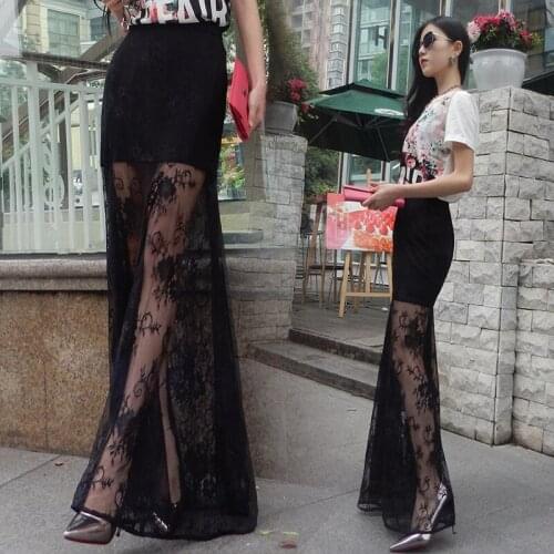 Free Shipping 2019 Fashion Lace Long Maxi Skirt For Women Summer Style Black Ladies Elegant High Waist Skirt Plus Size XS-10XL