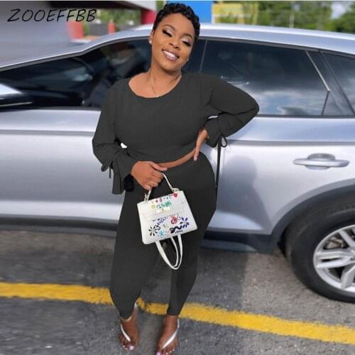 ZOOEFFBB Solid Rib Black White Two Piece Streetwear Women Set Flare Sleeve Crop Top Fall Sweatpants Lounge Wear Matching Sets