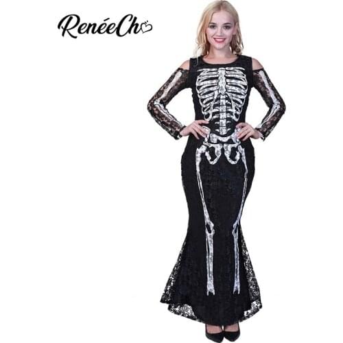 Halloween Costume For Women Bone Appetit Skeleton Long Dress Costume Off The Shoulder Black Female Halloween Dress Cosplay Women