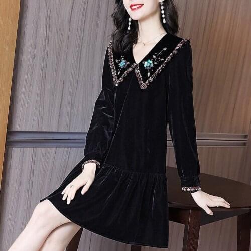 Fall Spring Casual Women Sequined Floral Embroidery Black Velvet Dress , A Line 4xl Beading Velour Dresses for Woman Clothes