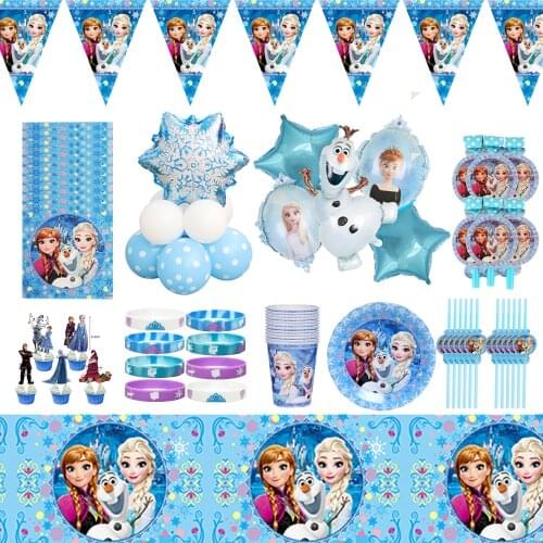 134pcs Disney Frozen Birthday Party Disposable Tableware Decor For Baby Girl Anniversaire Party Balloons Plate Baby Shower Gifts