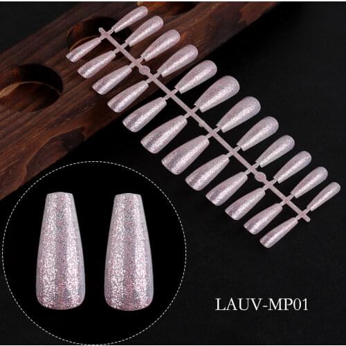 24tips Acrylic Fake Press on Nail Pink UV Glitter Rainbow False Artificial Nails Metallic for Women Faux Ongles Coffin Ballerina
