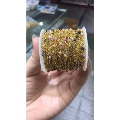 3M/packs Copper semiprecious stone jewelry making chain, multi crystal gold plated flat gems beads connector findings