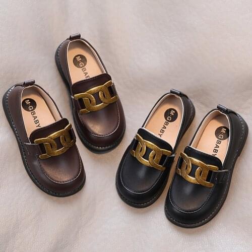 Kids Shoes Metal Loafers Leather Girls Shoes British Style Boys Shoes Spring Autumn Childrens Leisure Shoes Black Casual Flats