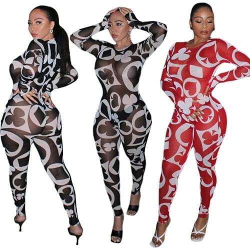 Elegance Jumpsuit Women Poker Print Black Red Mesh Jumpsuit Sheer See Through Jumpsuit for Women Bodycon Party Club Mono Mujer