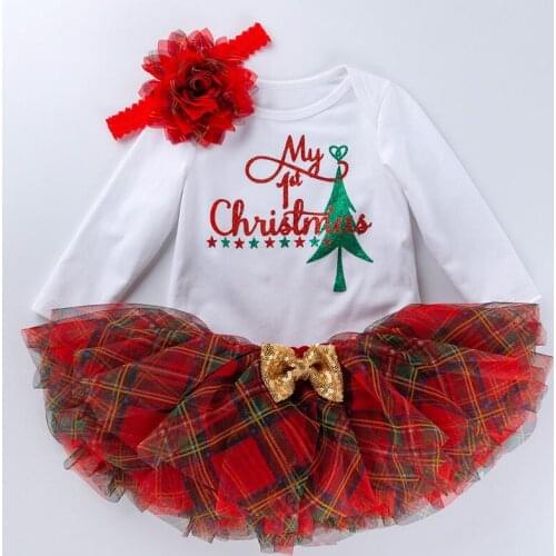 Baby Girls 3pcs Sets Santa Baby Romper Plaid TUTU Skirt Baby Clothing My 1st Christmas Infant Girl Flower Headband