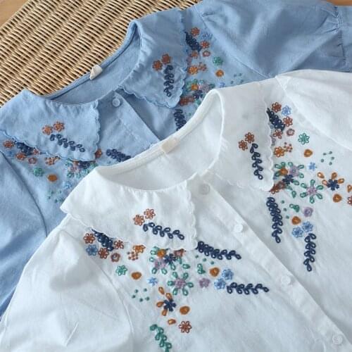 Lamtrip Unique Colorful Floral Embroidery Peter Pan Collar Cotton Short Sleeve Top Blouse Summer T-Shirt Mori