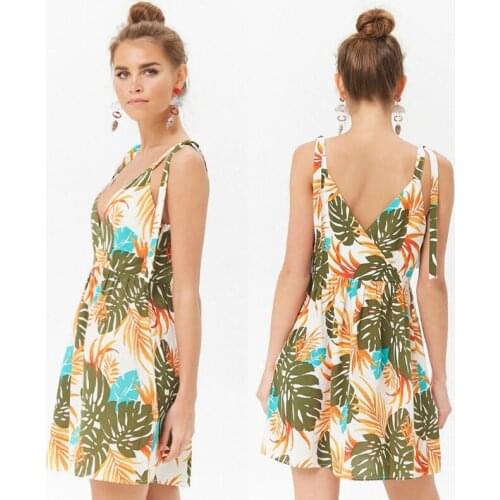 Fashion Women Printing Dresses Sleeveless Ladies Deep V-neck Mini Dress Summer Fashion Sexy Suspenders Beach Dress