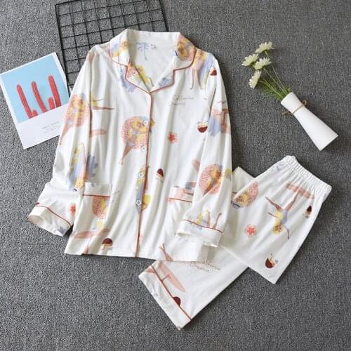 Japanese Style New Spring and Autumn Pajamas Set for Women 100% Cotton Long-sleeved Pajama Set Ladies Two-piece Knitted Cotton
