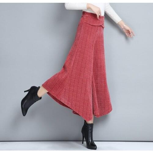 Fall Winter Fashion Womens Stretchy High Waisted Red Black Corduroy Ankle Length Pants , Woman Irregular Wide Leg Trousers