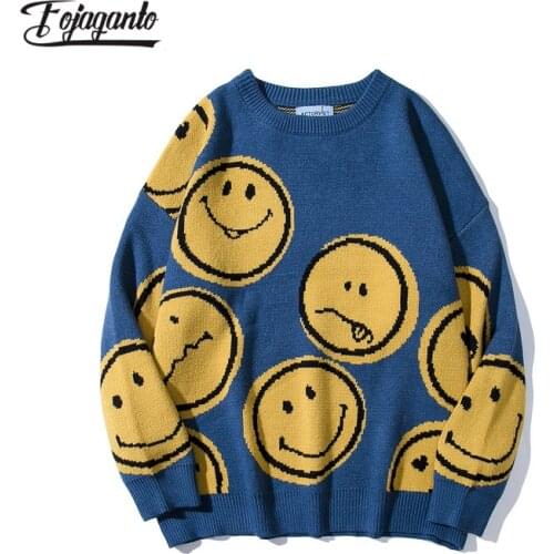 FOJAGANTO Autumn Mens Sweaters Korean Style Loose Smiley Jacquard Couple Pullover High Street Harajuku Casual Knit Sweater Male