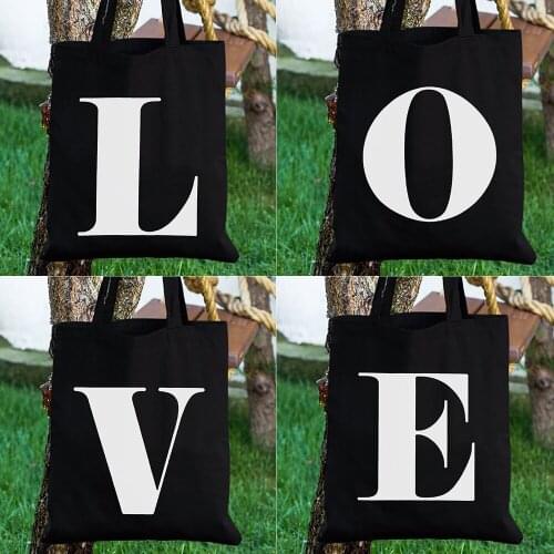 Simple English Alphabet A B C Canvas Shopping Tote Bags Black Large Capacity Outdoor Travel Beach Handbags Shoulder Storage Bag