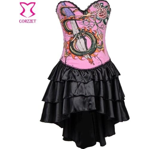 Pink Cotton Floral and Dragon Print Punk One-Piece Corset Sexy Dress Corsets and Bustiers Steampunk Dresses Burlesque Clothing