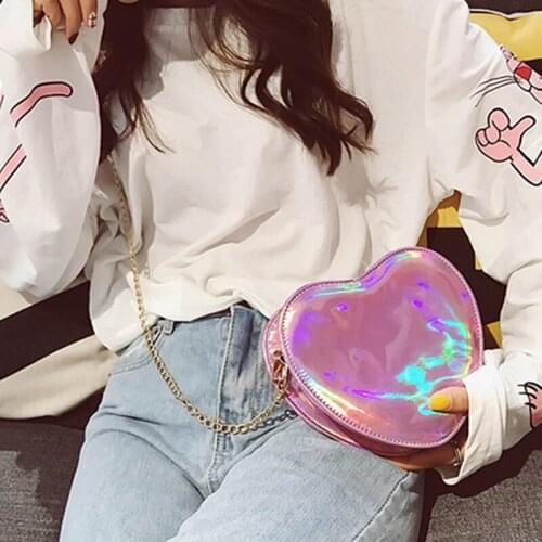 Love Heart Shape Clutch Handbag Women Chains Shoulder Crossbody Bag Translucent Reflective Laser Messenge Bag Girl Gifts Bolso