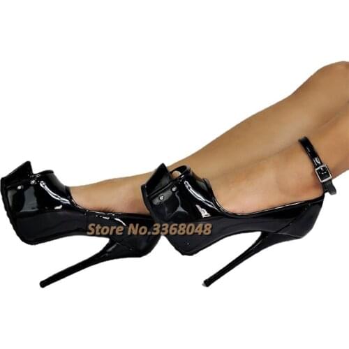 Black Patent Leather Platform Pumps Ankle Strap Thin High Heel Peep Toe Custom Made Dress Pole Dance Shoes Super Thin High Heels